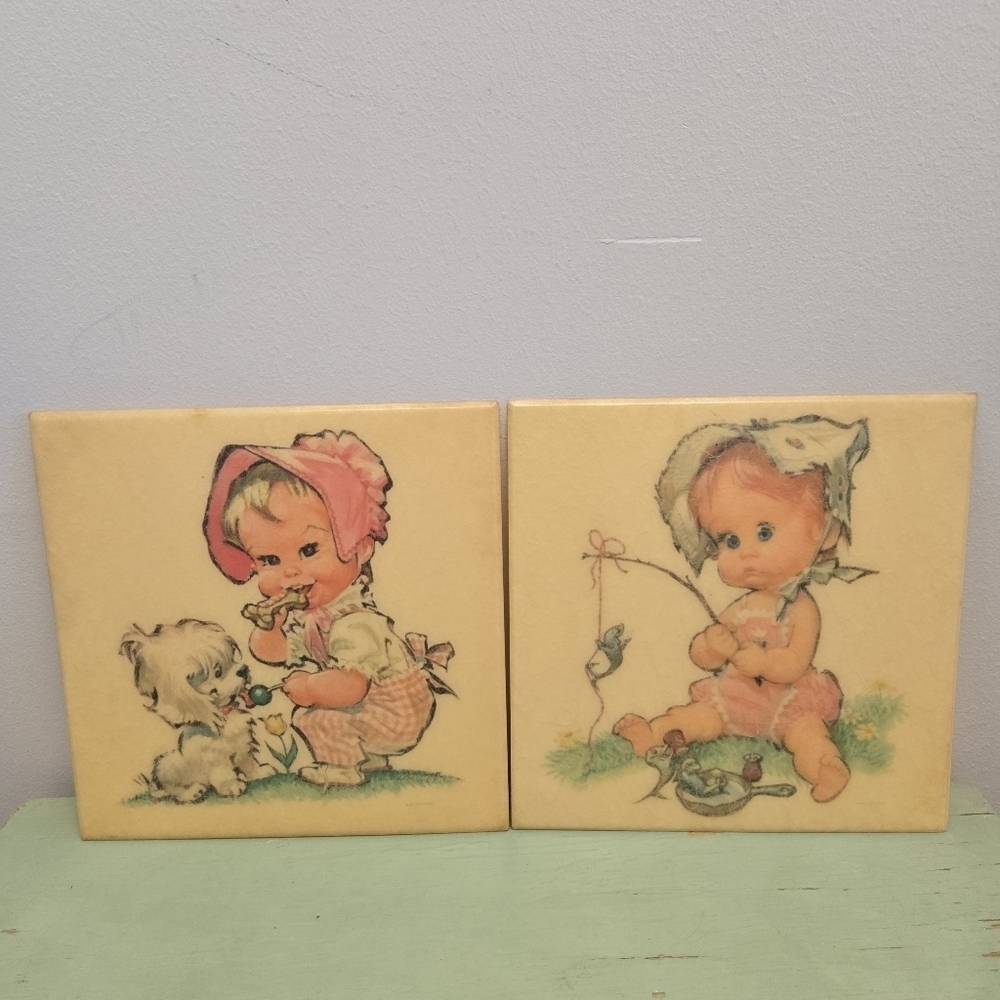 Girl & Dog Fishing Plastic Wall Plaques by Pete Hawley 1962